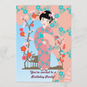 Geisha fille et fleurs invitation fête d'anniversa