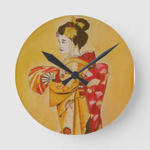 Geisha gold kimono original waterverf art ronde klok