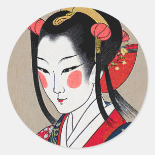 Geisha in Red Blue Kimono   Ukyio-e Japanse kunst Ronde Sticker