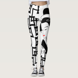 geisha japonaise fille noir blanc leggings graphiq