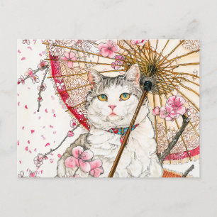 Geisha kat met parasol en kersenbloesem briefkaart