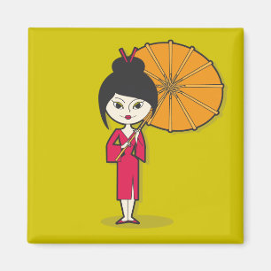 Geisha Lady cartoon op een groene achtergrond Magneet