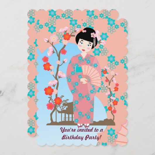 Geisha meisje en bloemen verjaardagsfeestje uitnod kaart (Voorkant / Achterkant)