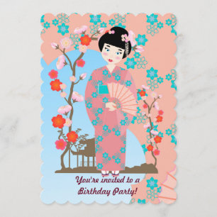 Geisha meisje en bloemen verjaardagsfeestje uitnod kaart