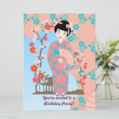 Geisha meisje en bloemen verjaardagsfeestje uitnod kaart (Staand voorkant)
