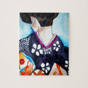Geisha met donkerblauw kimono origineel kunstschil legpuzzel