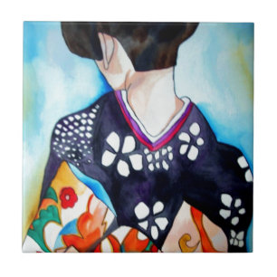 Geisha met donkerblauw kimono origineel kunstschil tegeltje