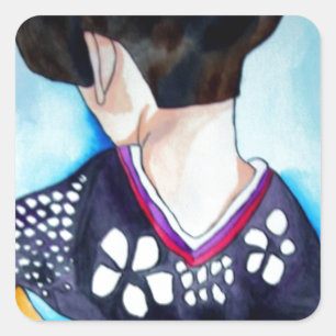 Geisha met donkerblauw kimono origineel kunstschil vierkante sticker