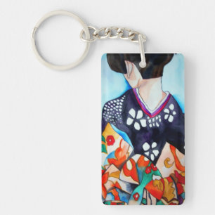 Geisha met donkerblauwe en oranje kimono sleutelhanger
