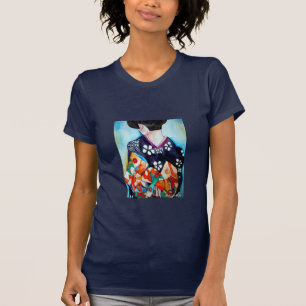 Geisha met donkerblauwe kimono originele kunst t-shirt