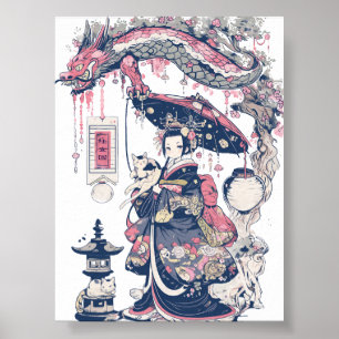 Geisha met draak en katten 37007 poster