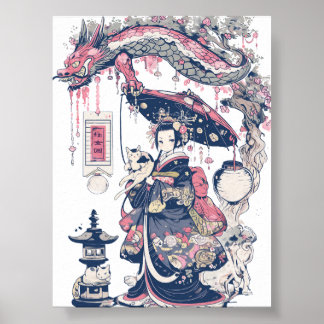 Geisha met draak en katten 37007 poster