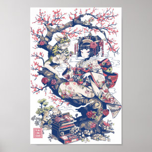 Geisha met draak en katten 37010 poster