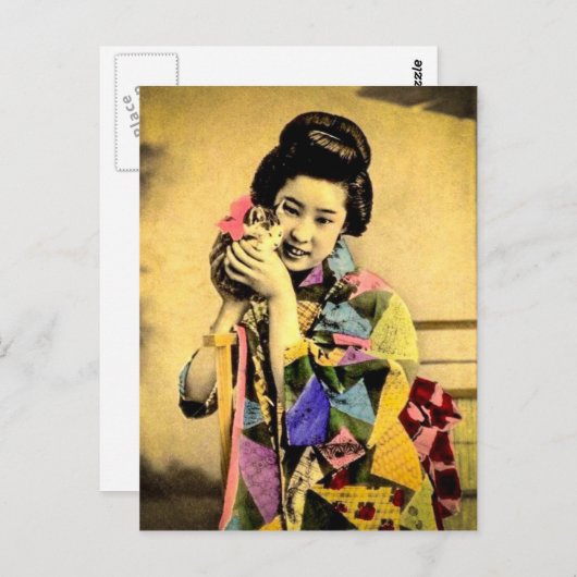 Geisha met een Cute Kitten Old Japan Briefkaart (Voorkant / Achterkant)