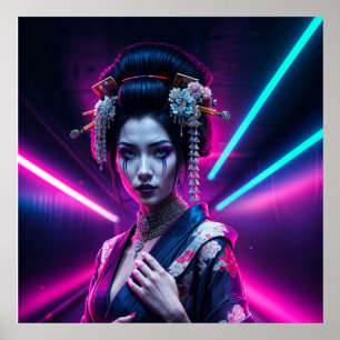 Geisha met Neon Background - Fridge Magnet Art Poster