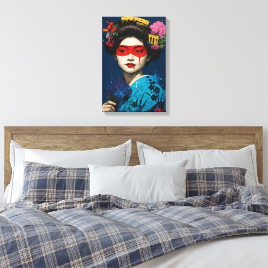 Geisha met rood masker en modern cultureel haarwer canvas afdruk (Insitu (Slaapkamer))