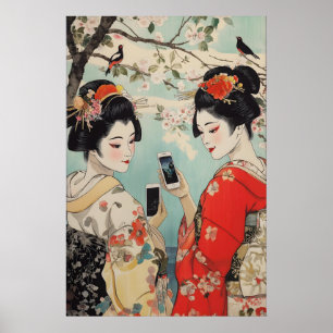 Geisha met smartphones kunstprint Ukiyo-e Japans Poster