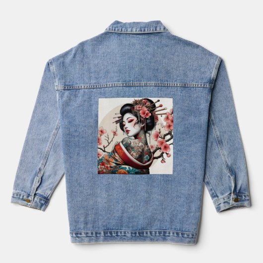 Geisha Portrait Denim Jacket | Floral Back Art (Verso)