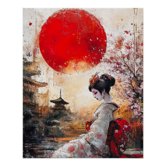 Geisha Poster, Elegante Ukiyo-e Style Geisha Perfect Poster