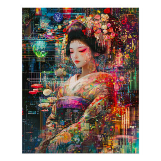 Geisha Poster, Radiant Cyberpunk Android Geisha Perfect Poster