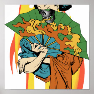 Geisha Print Flame Fire Skull