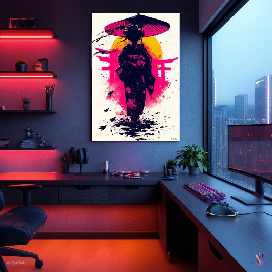 Geisha Silhouette bij zonsondergang - Traditionele Poster
