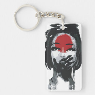 Geisha's Stilte: Rode en Zwarte Inkt Kunst Sleutelhanger