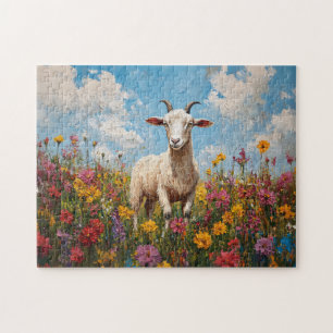 Geit in een Wildflower Field schilderij Legpuzzel