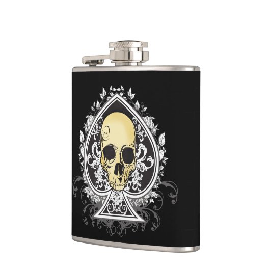 Geitic style black ace of spades with skull, heupfles (Links)