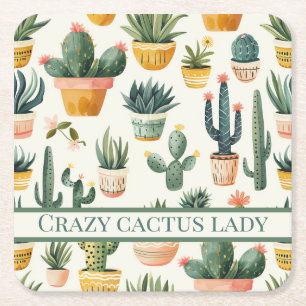 "Gek cactus dame! tekst op een cactus ontwerp Vierkante Kartonnen Onderzetter
