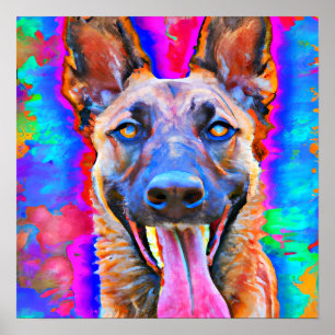 Gek Gelukkig Belgisch Malinois Hond Kunst Portret Poster