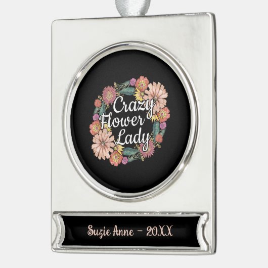 Gekke bloem dame - Zinnia tuinman Verzilverd Banner Ornament (Links)