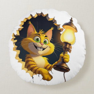 Gekke Cartoon Kat die een lamp door een muur houdt Rond Kussen