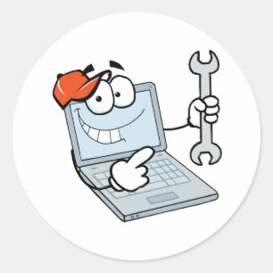 gekke computer reparatie cartoon laptop met sleute ronde sticker