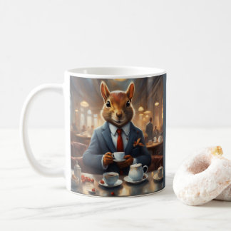 Gekke eekhoorn in een pak met koffie koffiemok