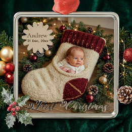 Gekke eerste kerstsok voor baby foto  metalen ornament