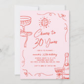 Gekke Franse Hand Getrokken Roze Rood 30e Verjaard Kaart (Voorkant)