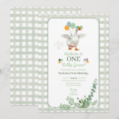 Gekke Gans Eerste Verjaardag Groene Uitnodiging (Voorkant / Achterkant)