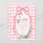 Gekke Gans Eerste Verjaardag Pink Invitation Kaart (Voorkant / Achterkant)