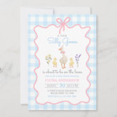 Gekke Goose Blue Gingham Bow Duck Baby shower Kaart (Voorkant)
