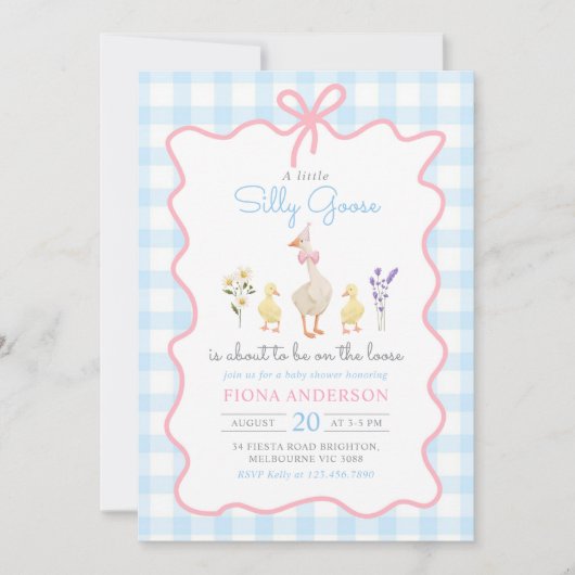Gekke Goose Blue Gingham Bow Duck Baby shower Kaart (Voorkant)