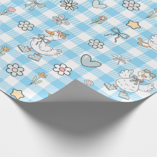 Gekke Goose Blue Gingham Verjaardag Cadeaupapier