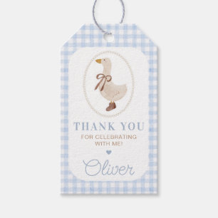 Gekke Goose Blue Gingham verjaardagsfeestje Cadeaulabel