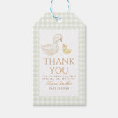 Gekke Goose Gingham Duck Dank u baby shower Cadeaulabel (Voorkant)