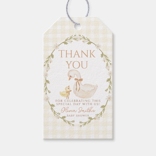 Gekke Goose Gingham Duck Dank u baby shower Cadeaulabel (Voorkant)