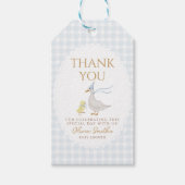 Gekke Goose Gingham Duck Dank u baby shower Cadeaulabel (Voorkant)
