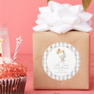 Gekke Goose Greige Gingham Baby shower Ronde Sticker