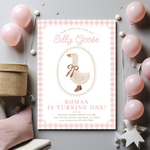Gekke Goose Pink Gingham en Bow Girl Verjaardag Kaart