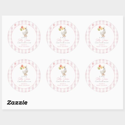 Gekke Goose Pink Gingham Girl Baby shower Ronde Sticker (Vel)