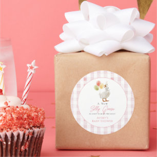 Gekke Goose Pink Gingham Girl Baby shower Ronde Sticker